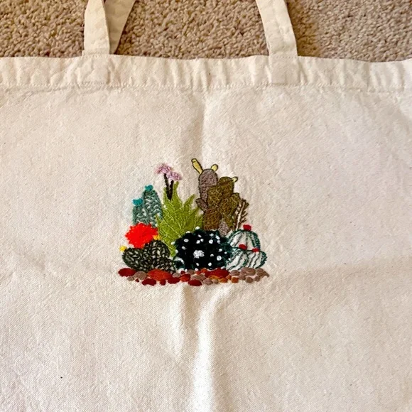 Hand Embroidered Cactus Canvas Tote Bag - Picture 1 of 2
